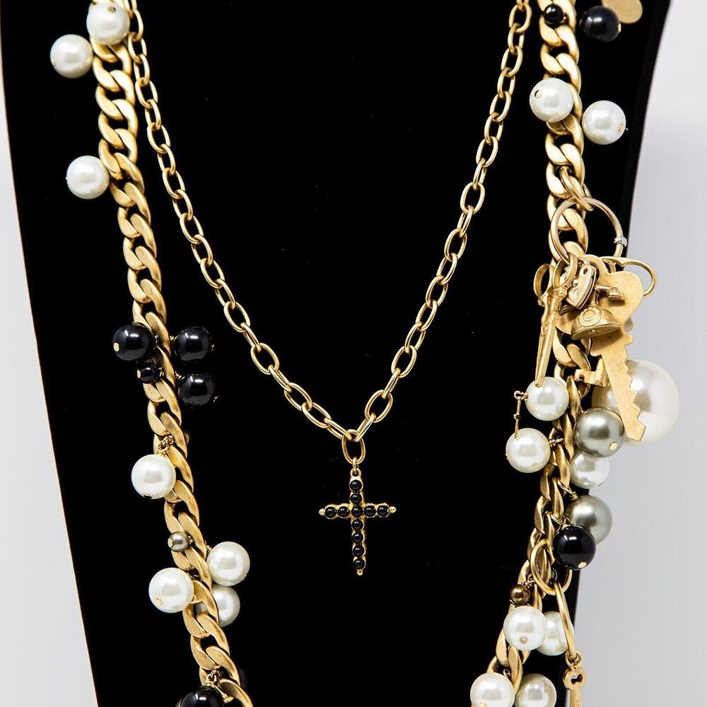 VTG Faux Pearl Gold Tone Double Layer Charm Necklace Claw Clasp Signed 28" Long